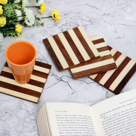 Brown and White Coloured Wooden Coasters Pack of 4